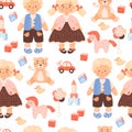 Cute kids seamless pattern. Children toys. Girl and boy doll, plush teddy bear, horse, duck, rattle, car and cubes on