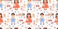 Cute kids seamless pattern. Children toys. Girl doll in red dress and boy in shorts, plush toys teddy bear and rabbit Royalty Free Stock Photo