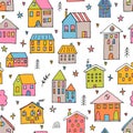 Cute kids seamless pattern with hand drawn houses. Buildings. Doodle style. Texture for fabric, wrapping, wallpaper, textile