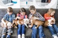 Cute kids sitting on the couch with the puppies English bulldog Royalty Free Stock Photo