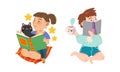Cute kids sitting and reading books set. Preschool activities and childhood education cartoon vector illustration Royalty Free Stock Photo