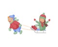 Cute kids are sledding. Winter illustration depicting a boy carrying a girl on a sled. The image of funny children in Royalty Free Stock Photo