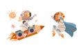 Cute kids in spacesuits flying on rocket and outer space. Children dreaming of becoming astronauts vector illustration