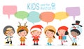 Cute kids with speech bubbles on white background, stylish children Christmas Costumes with speech bubble, children talking with s Royalty Free Stock Photo