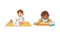 Cute kids studying at home using laptop computers and headphones set. Online education, distance school concept cartoon Royalty Free Stock Photo