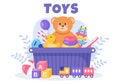 Cute Kids Toy Box Full at Kindergarten in Flat Cartoon Style Illustration. Interior of Playroom for fun and Gaming Royalty Free Stock Photo