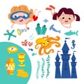 Cute kids underwater with fish, sea creatures. Nature and algae of the ocean. Castle and characters in cartoon style Royalty Free Stock Photo