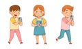 Cute kids using gadgets set. Boy and girl playing with smartphone cartoon vector illustration Royalty Free Stock Photo