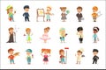 Cute kids in various professions set. Smiling little boys and girls in uniform with professional equipment colorful