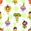 Cute Kids in Vegetables Costumes Seamless Pattern, Adorable Children Dressed Like Vegetable, Design Element Can Be Used