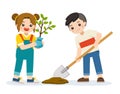 Cute kids volunteers planted young tree for save the Earth.