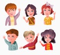 Cute kids waving hands vector illustrations set. Smiling little children in casual clothing greeting gesture. Cheerful Royalty Free Stock Photo