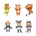 Cute kids wearing animal costumes set. Frog, bear, monkey, penguin, panda, cat vector illustration