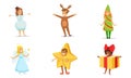 Cute Kids Wearing Christmas Costumes Set, Boys and Girls Snowman, Deer, Fir Tree, Angel, Star, Gift Box Vector