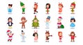 Cute Kids Wearing Fancy Christmas Dress Enjoying Holiday Celebration Vector Big Set Royalty Free Stock Photo