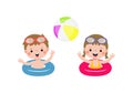 Cute kids wearing float rings on inflatable playing ball in Pool party, cartoon charact flat style vector illustration