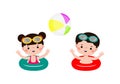 Cute kids wearing float rings on inflatable playing ball in Pool party, cartoon charact flat style vector illustration