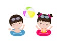 Cute kids wearing float rings on inflatable playing ball in Pool party, cartoon charact flat style vector illustration