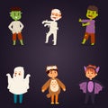 Cute kids wearing Halloween party costumes vector. Royalty Free Stock Photo