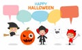 Cute kids wearing Halloween monster costume with speech bubbles isolated on white background Royalty Free Stock Photo