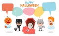 Cute kids wearing Halloween monster costume with speech bubbles isolated on white background, Halloween monster Royalty Free Stock Photo