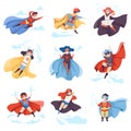 Cute Kids Wearing Superhero Costumes Set, Super Children Characters in Masks and Capes in Different Pose Vector