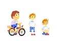 Cute kids in a white T-shirt, blue shorts and red sneakers on a bicycle, stands, sits hand-drawn in watercolor
