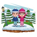 Cute kids in winter cartoons