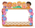 Cute kids on wooden board with blank papper banner