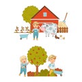 Cute kids working on farm set. Boys and girls harvesting apples and caring for farm animals cartoon vector illustration Royalty Free Stock Photo