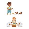 Cute kids working on farm set. Children feed chickens and sheep cartoon vector illustration Royalty Free Stock Photo