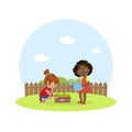 Cute Kids Working in Garden, Girl with Watering Can Watering Carrots Vector Illustration
