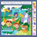 Cute kids in zoo among animals. Find 10 items. Game for children. Cute cartoon character. Vector illustration. Royalty Free Stock Photo