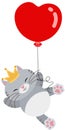 Cute king cat flying with a heart shaped balloon