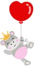 Cute king hippo flying with a heart shaped balloon