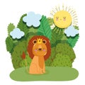 Cute king lion with crown animal grass forest nature wild cartoon