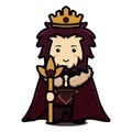 Cute king mascot character wear cloak and crown and holding golden staff cartoon vector icon illustration