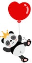 Cute king panda flying with a heart shaped balloon