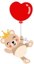 Cute king teddy bear flying with a heart shaped balloon