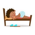 The cute kinky-haired little afroamerican boy lovely sleeping in a wooden bed. Vector illustration in flat cartoon style Royalty Free Stock Photo