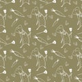 Cute kitchen pattern made of tools and utensils with a penguin. Doodle art outline on a green background. Print for fabrics, stati
