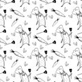 Cute kitchen pattern made of tools and utensils with a penguin. Doodle art outline on a white background. Print for fabrics, stati