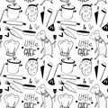 Cute kitchen pattern made of tools and utensils with a penguin. Doodle art outline on a white background. Print for fabrics, stati