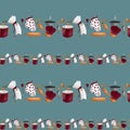 Cute kitchen pattern made of tools and utensils with a penguin. Texture digital art on a blue background. Print for fabrics, stati