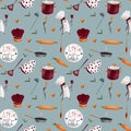 Cute kitchen pattern made of tools and utensils with a penguin. Texture digital art on a blue background. Print for fabrics, stati