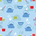 Cute kitchen pattern in vector on blue background Royalty Free Stock Photo