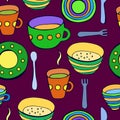 Cute kitchen utensil set. Vector seamless pattern. Royalty Free Stock Photo