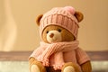 Cute kits knitted toys little happy teddy bear in pink hat and scarf