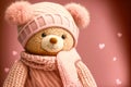 Cute kits knitted toys little happy teddy bear in pink hat and scarf