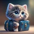 Cute kitten with blue eyes and a blue suitcase. 3d illustration generative AI animal ai